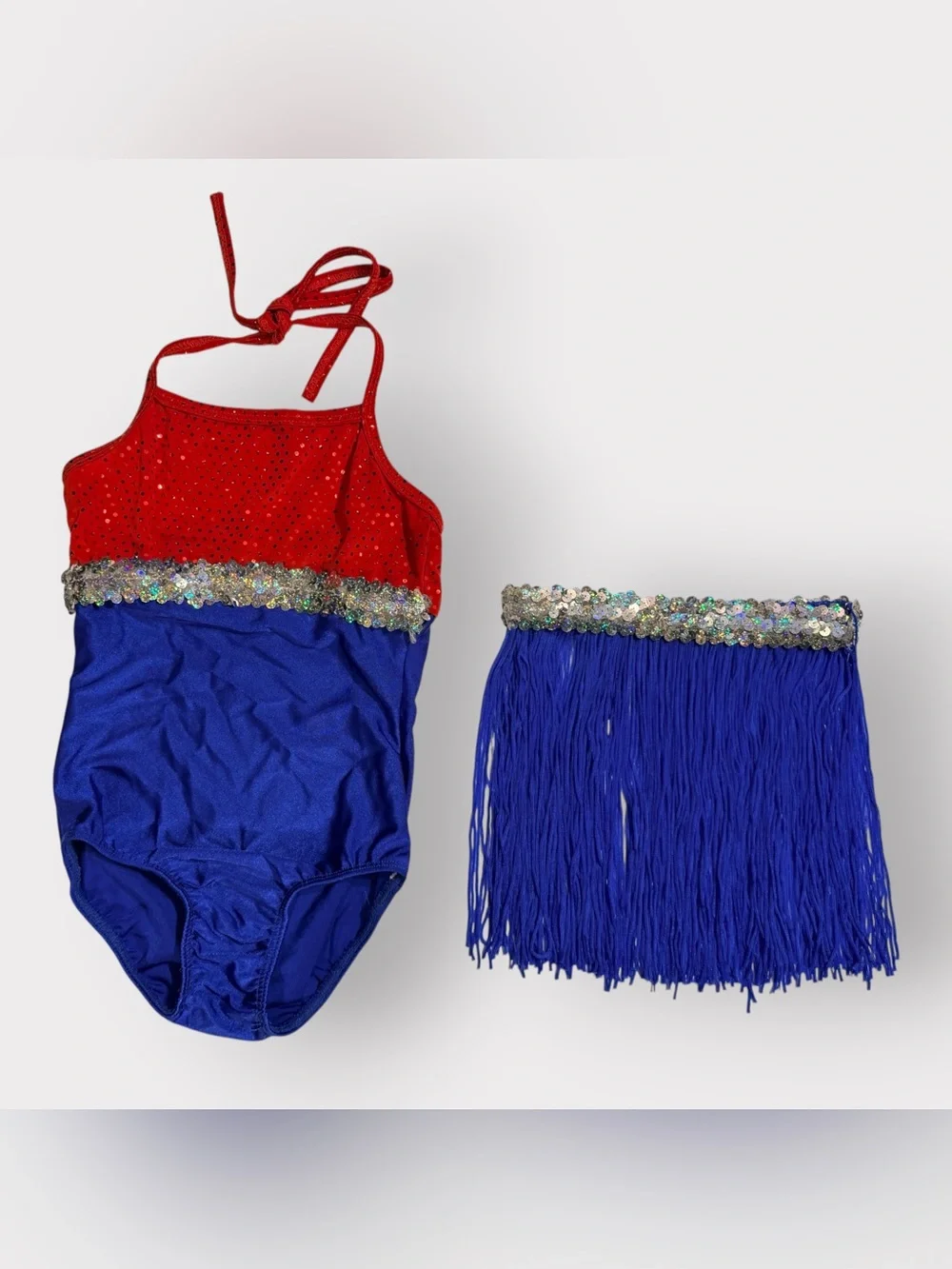 Costume Depot Girl’s XS Red Blue Sequin Dance Leotard Bodysuit Fringe Skirt Set